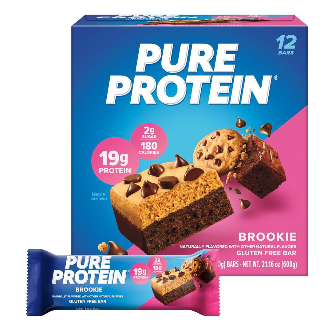 Pure Protein Brookie Protein Bars 20g Protein, 3g Sugar, 190 Calories (12 count) Low Sugar* High Protein Snack - Gluten Free - Perfect for a Healthy Snack (BBD 2026)