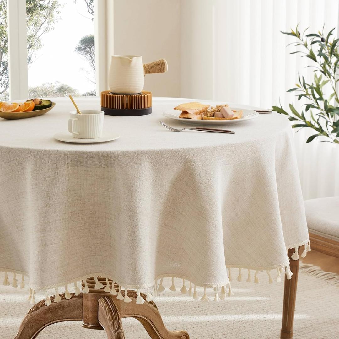 Linen Tablecloth with Tassels, Farmhouse Style Light Beige Tablecloth, Water Resistant Burlap Tablecloths for Round Table, 52 Inch Round Light Tan