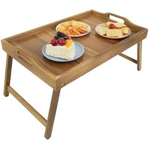Utoplike Acacia Bed Tray Table for Eating, Large Breakfast Tray with Folding Legs, Wood Serving Trays for Laptop Working