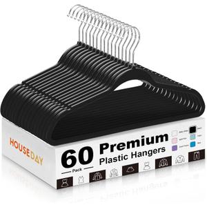 HOUSE DAY Black Plastic Hangers 60 Pack - Heavy Duty Non-Velvet Hangers with 360 Swivel Chrome Hook & Non Slip Notches - Slim Space Saving Clothes Hangers Ideal for Dresses Coats Shirts Jackets
