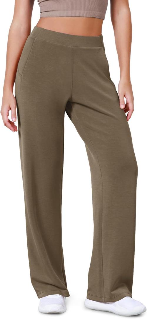 ODODOS Women's Modal Soft Wide Leg Pants Elastic High Waist Casual Lounge Relaxed Pants with Pockets, Petite 27" - Height: 5'0" - 5'3", Small, Espresso