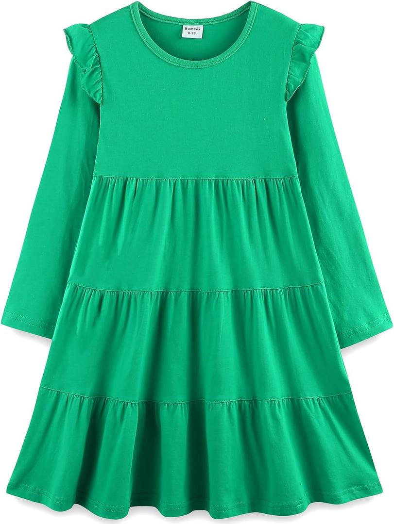 Bumeex Girl's Dresses Cotton Ruffle Sleeve Tiered Swing A-Line Cute Midi Casual Sundress (10-11 Years, #Green)