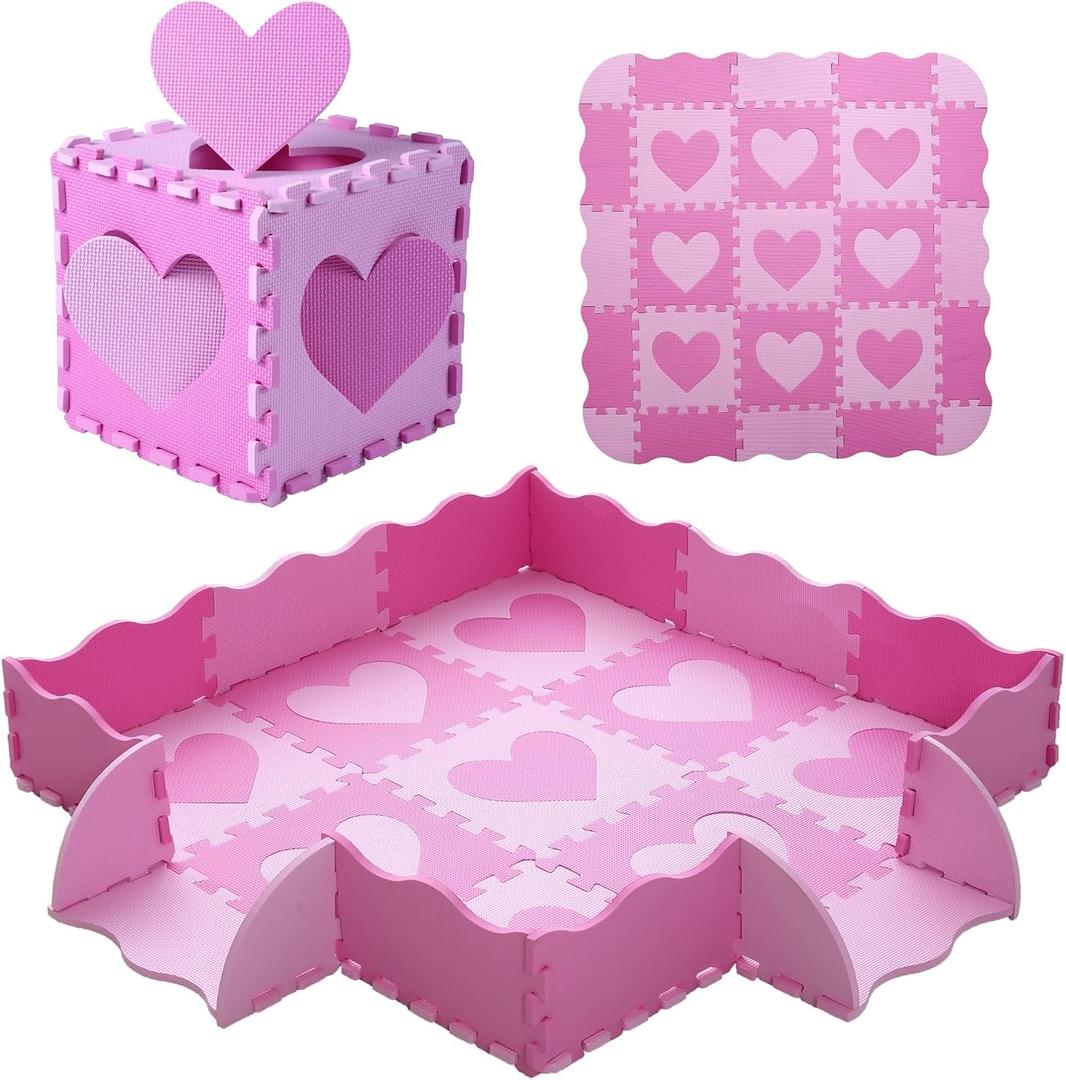 Foam Play Mat for Kids, 25pcs Square Interlocking Puzzle Floor Mat, Baby Toddler Playmat with Fence - Pink Heart Foam Play Mat for Kids, 25pcs Square Interlocking Puzzle Floor Mat, Baby Toddler Playmat with Fence - Pink Heart