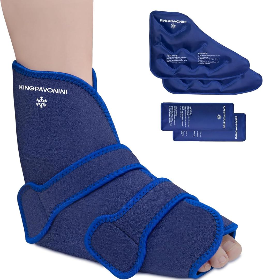 KingPavonini Ankle Foot Ice Pack Wrap for Sprained Ankle/Surgery Recovery, Reusable Gel Ice Packs for Feet Injuries, Plantar Fasciitis, Achilles Tendonitis, Hot/Cold Therapy, XL (1 Wrap+4 Gel Packs)
