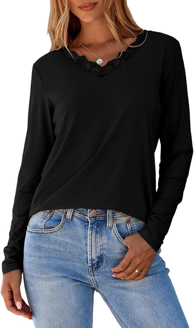 Dokotoo T Shirts for Women Casual Long Sleeve V Neck Lace Trim Tops Lightweight Solid Color Basic Tees Blouses (XL)