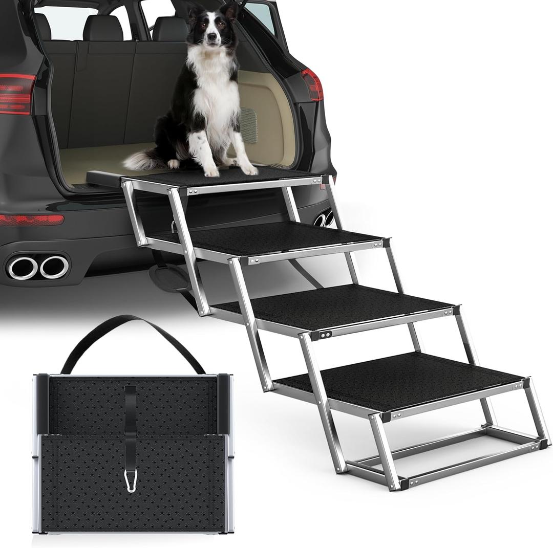 PetRuna Extra Wide Dog Stairs for Large Dogs, Foldable Dog Ramp for Car with Non-Slip Surface, Dogs Stairs for Cars, High Beds, Truck, Supports up to 250 lbs, 4 Steps
