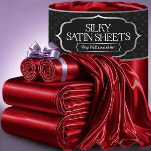 DECOLURE Satin Bed Sheets - 4 Piece Luxury Silky Full Size Bedding Set - Softer Than Silk, Wrinkle-Free with 15 Deep Pocket Fitted Sheet, Perfect for Hair & Skin, Gifts for Women (Red)