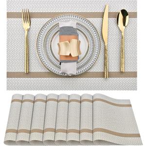 SLKQG Beige White Placemats Set of 8 - Easy Clean Modern Durable Washable Vinyl Place Mats - Heat Resistant Placemats for Kitchen Table - PVC Table Mats for Dining Table (Beige White with Stripes, 8)