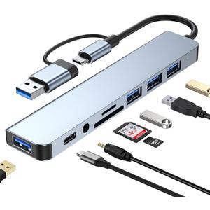 USB C Hub USB Hub 3.0, VIENON Aluminum 8 in 1 USB Extender with SD/TF Card Reader, 3.5mm Aux Headphone Jack for MacBook Pro Air and More PC/Laptop/Tablet Devices