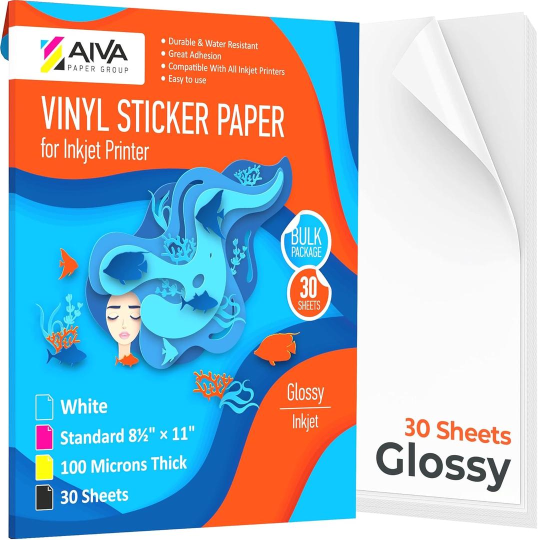 Printable Vinyl Sticker Paper - Waterproof Decal Paper for Inkjet Printer - 30 Self-Adhesive Sheets - Glossy White - Standard Letter Size 8.5"x11"