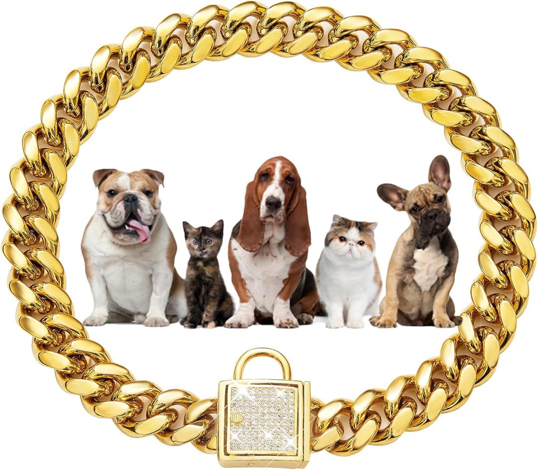 Dog Chain Collar Walking Metal Choke Collar with Design Secure Buckle, Gold Cuban Link Strong Heavy Duty Chew Proof for Medium Dogs American Pitbull German Shepherd(14MM, 14") (14"(Suits Dog Neck 12" to 13.5"))