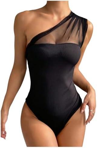 SOLY HUX Bodysuits for Women Mesh Sheer Ruched One Shoulder Sleeveless Summer Bodysuit Tops, L