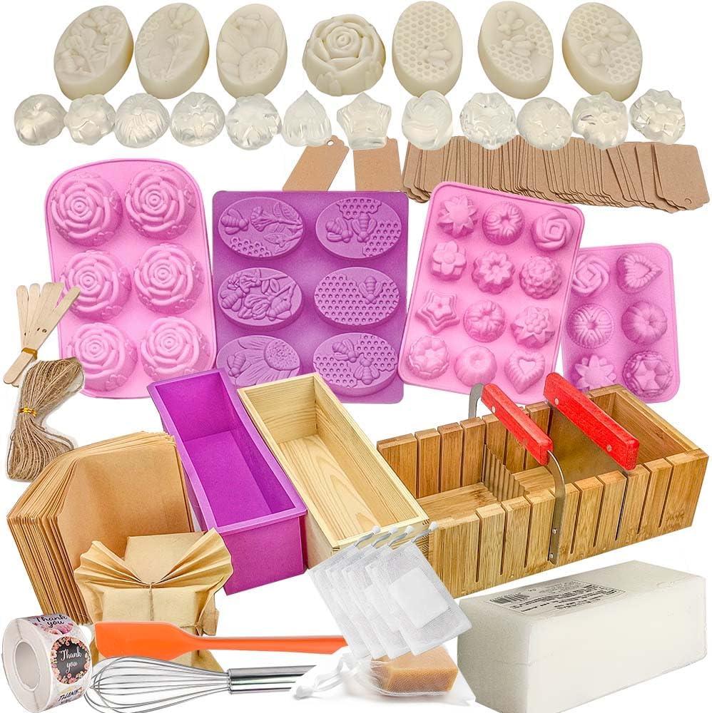 Soap Making Kit for Adults All-in-One Soap Making Supplies Includes Melt & Pour 2.2LBs Goat Milk Soap Base, Silicone Loaf Molds, Cutting Box Premium 500+PCS DIY Craft Supplies (Bamboo)