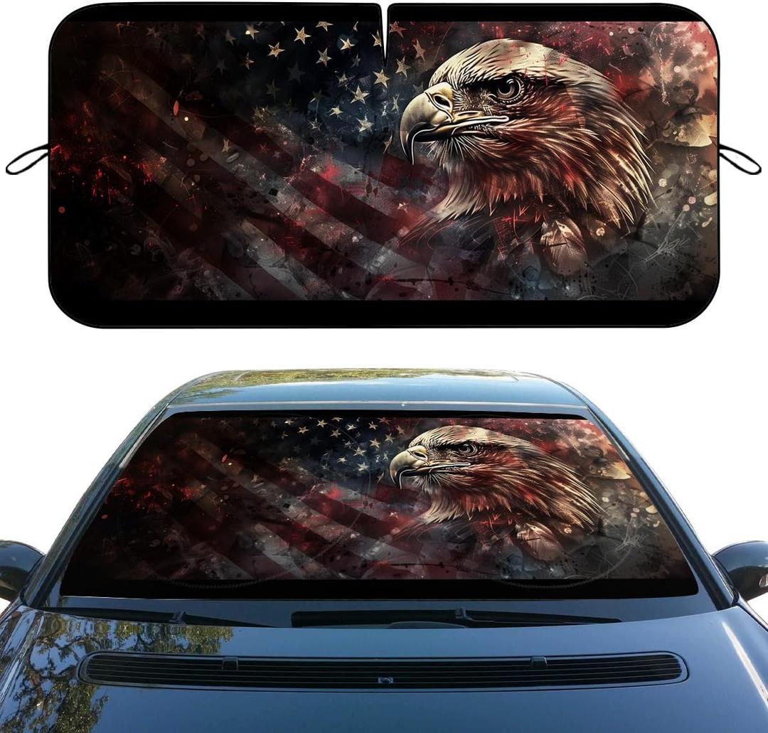 Qoueucc American Flag Eagle Car Windshield Sun Shade, 59" L x 31.5" W, UV Protection, Universal Fit