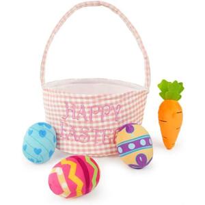 Easter Basket Gift Stuffed Baskets Toys,5 Pack Easter Egg Carrot Plush Toys,Baby Gift Baskets Egg Hunt Toy Easter Party for Baby Toddler Kids (Pink Basket)