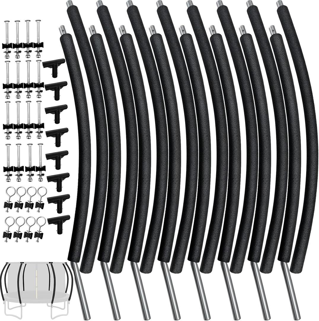 8 Pcs Trampoline Curved Pole Replacement, Universal Curved Enclosure Poles for 12-16ft Frame, with Plastic T Connector, Mounting Hardware, Foam Cover Padding