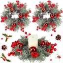 2 Pcs 12 Inch Christmas Candle Ring Wreath for 3 Inch Pillar Candles Artificial Candle Rings with Red Berries Ornaments Pine Cones and Greenery for Christmas Decorations Table Centerpiece