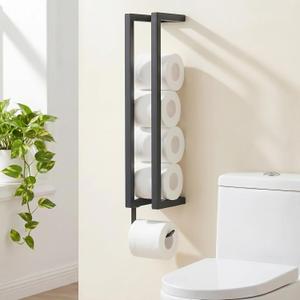 SpaceTime Toilet Paper Holder with Hook for 5 Rolls,Wall Mounted Toilet Paper Storage Holder,Modern Matte Black Carbon Steel Tissue Roll Holder with Reserve Rack for Bathroom,Kitchen & Washroom