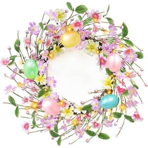 Timer - 20 Inch Easter Wreaths for Front Door Easter Decorations, Easter Wreath with 20 LED Lights Colorful Eggs Flowers Leaves Berried Spring Wreath Decor for Home Holiday Farmhouse Indoor Outdoor