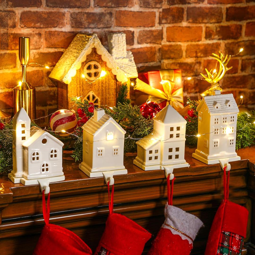 4 Pcs House Stocking Holder Christmas Ceramic House Sock Holder Set Christmas Stocking Hangers Hooks Decoration Rustic Farmhouse Stocking Hooks for Mantle Xmas Holiday Party Gift Supplies