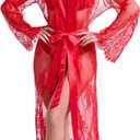 ohyeahlady Women's Lingerie Robe Sexy Long Lace Kimono Robe Nightgown Mesh Chemise Gown Swimsuit Cover Up S-2XL (Medium, Red)