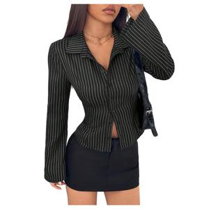 Floerns Women's Striped Button Down Shirts Long Sleeve Business Casual Blouse Top Black Small