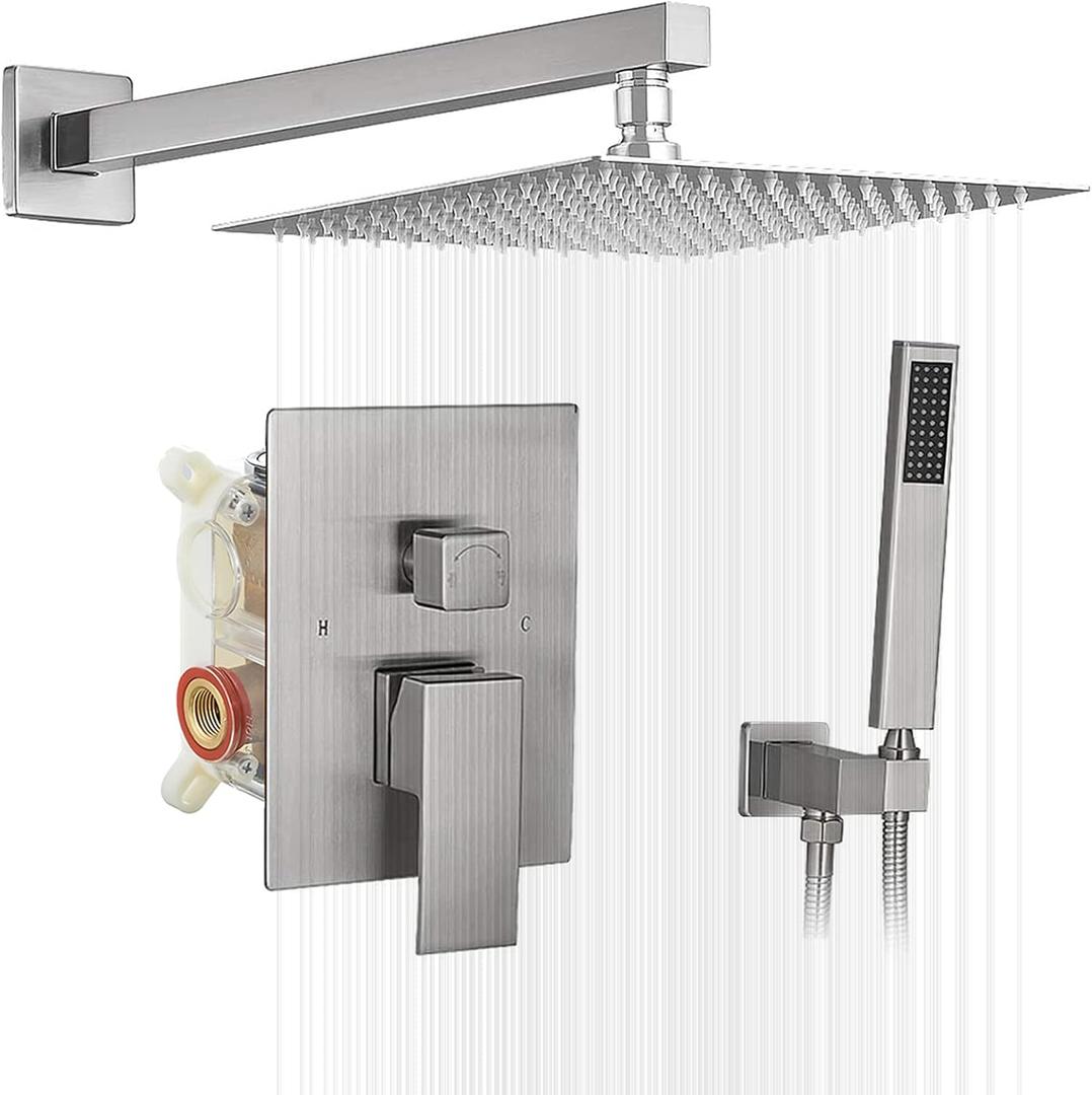 BWE 16 Inch Square Bathroom Luxury Rain Mixer Shower Combo Set Shower Kit Wall Mounted Rainfall Shower Head System Brushed Nickel Shower Faucet Rough-in Valve Body and Trim Included