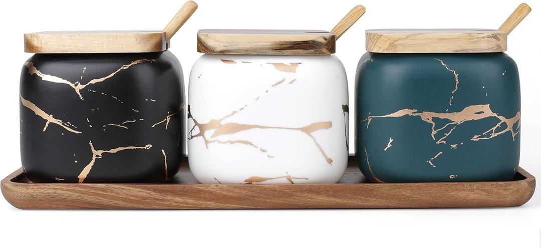 Dicunoy 3 Pack Ceramic Salt and Sugar Container, Condiment Jars with Lids and Spoons, Marble Seasoning Spice Pots Bowl, Pepper Sellar with Wooden Tray for Serving, Counter, Home, Kitchen