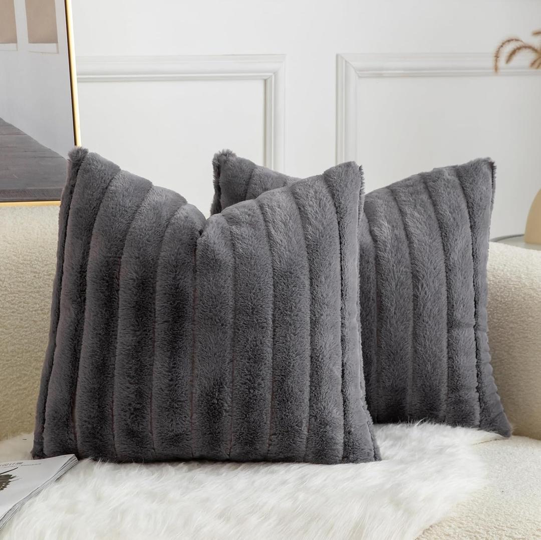 Pack of 2 Faux Fur Throw Pillow Covers 18x18 Inch Striped Decorative Soft Plush Couch Pillow Case Home Decor for Bed, Sofa, Living Room Darkgrey