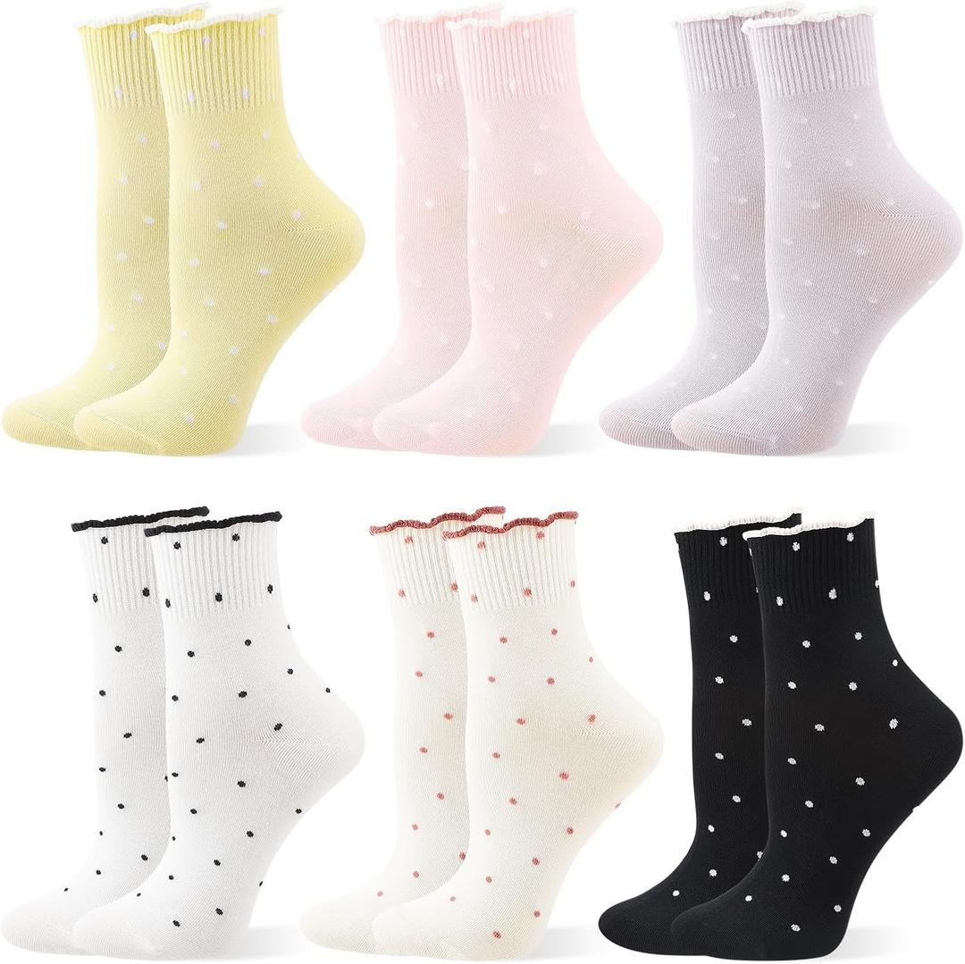 Cute Ruffle Cotton Crew Socks for Women Bow Striped Polka Dot Checkered Casual Soft Princess Sock for Girls