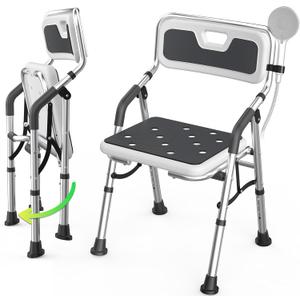 Foldable Shower Chair for Inside Shower with Arms and Back, Shower Chair for Elderly and Disabled with Adjustable Height,Folding Bath Chairs for Seniors,Quick-Assembly & Comfortable