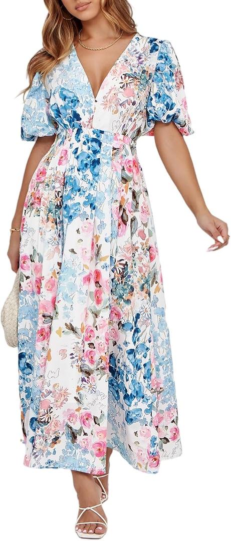 Maxigerui Women's Summer Floral Maxi Dress Spring Wedding Guest Dress 2026, Size S (Pink Blue Multi Floral)
