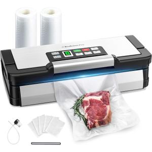 95kPa Vacuum Sealer Machine with AquaLock Technology, for Moist Seals, 2X Seal & 130W, Fully Automatic Food Sealer, Built-In Cutter, Bag Storage & Hose, Precision Sealing, 2 Bag Rolls, Stainless Steel