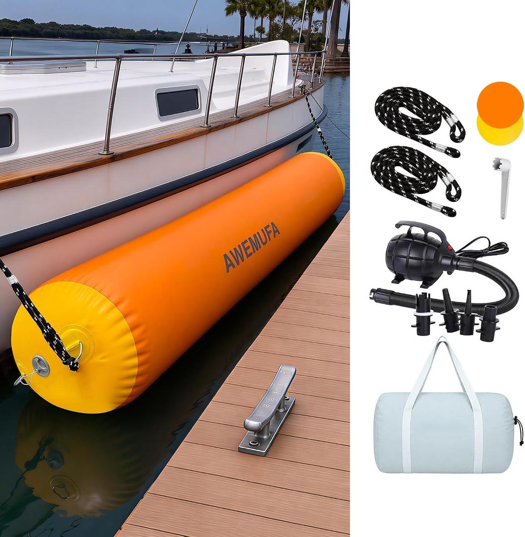 Inflatable Boat Bumper for Docking, 6FT/10FT Inflatable Boat Fender with 110-120v Electric Air Pump, Large Dock Bumper Heavy Duty Pontoon Bumper for Bass Boat, Fishing Boat, Jet Ski, Yacht