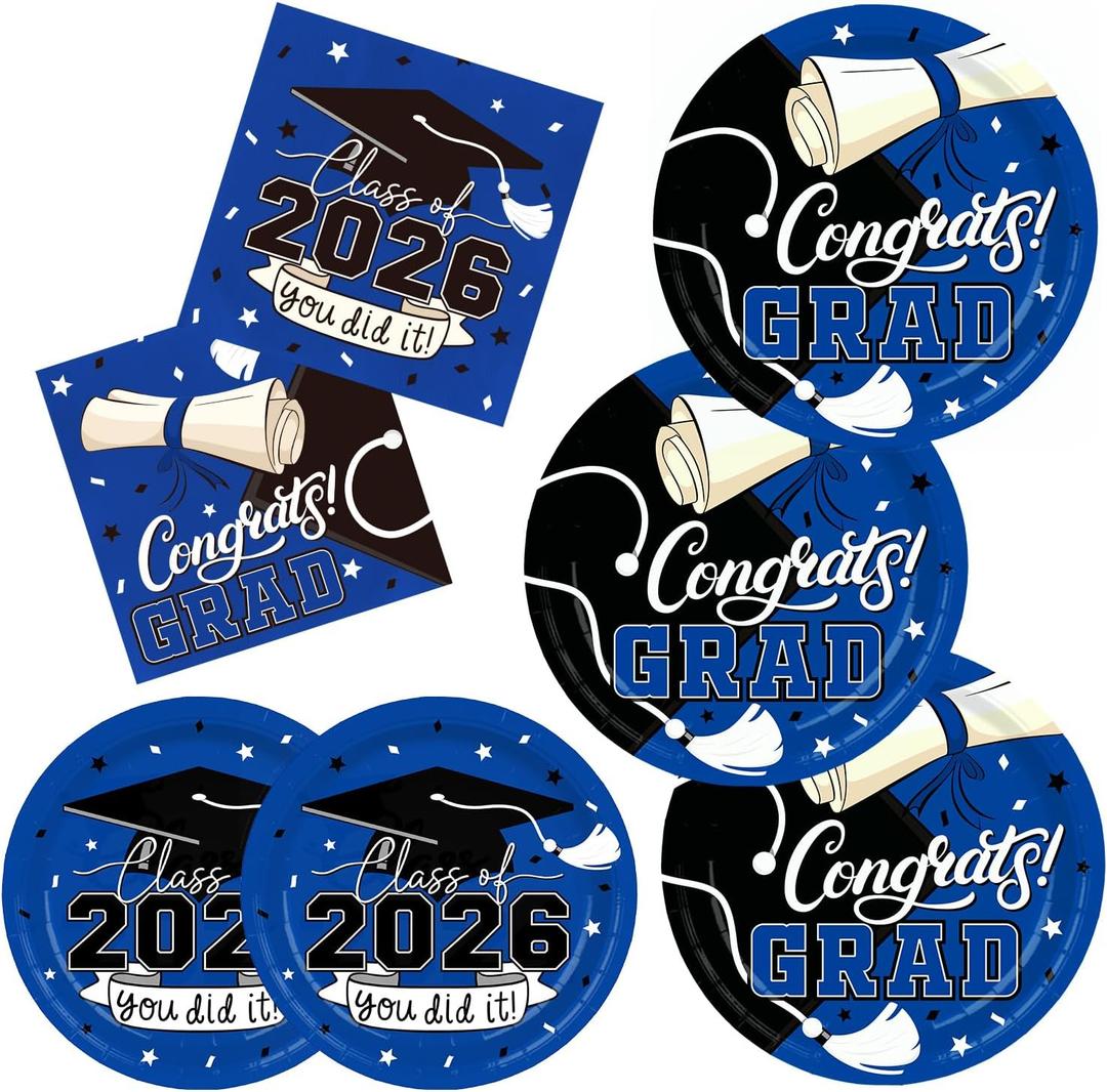 Gatherfun Graduation decorations 2026 Blue Graduation Party Plates and Napkins Disposable Paper Plates Luncheon Napkins for Congrats Grad Party Decorations, Serve 50