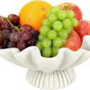 OGANGART Large Decorative Bowls for Home - Fruit Pedestal Bowl for Coastal Decor - Scalloped Bowl - 10.3" Off-white Resin Unique Decor for Coffee Table