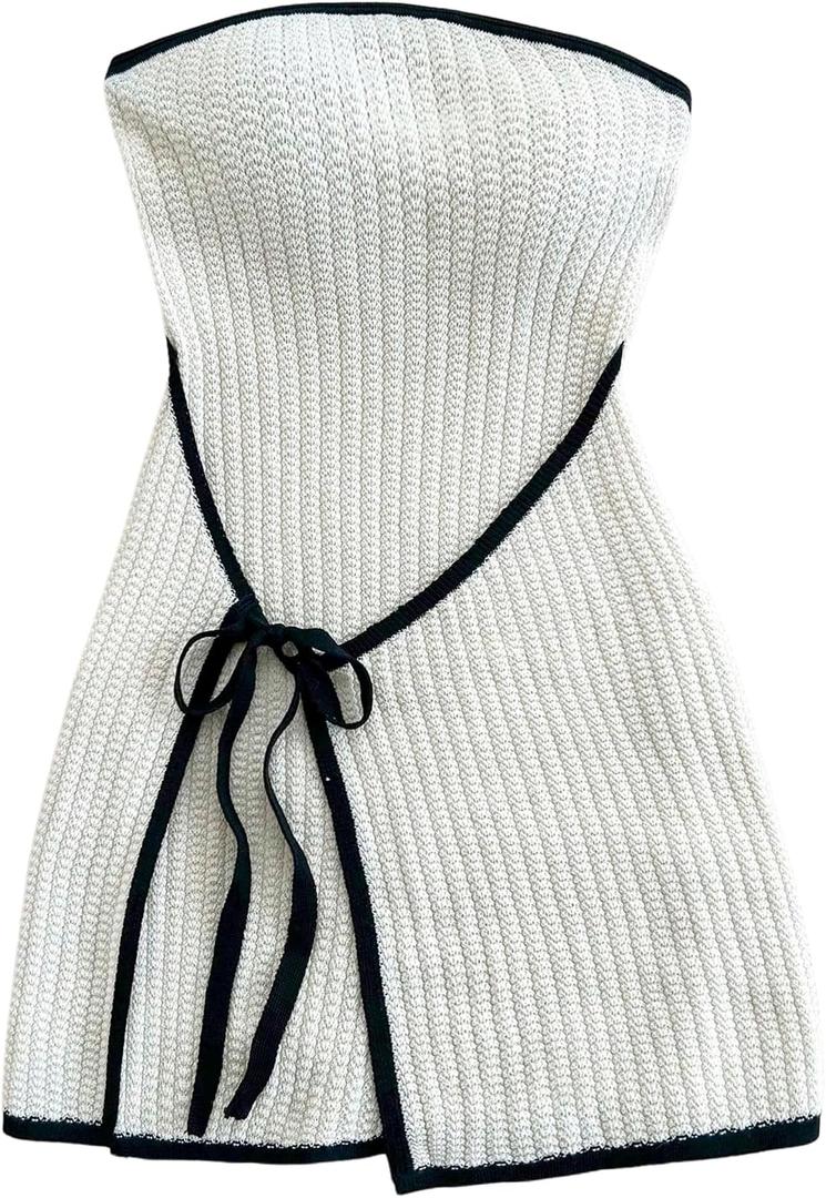 MakeMeChic Women's Knitted Strapless Dress Wrap Tie Front Sleeveless Bodycon Mini Tube Dresses (Large, Beige)