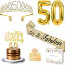 50th Birthday Decorations for Women with 50th Birthday Sash and Crown, Number Balloons, Birthday Card, Cake Topper and Candles, 50 Year Old Female Gifts for Her, Gold