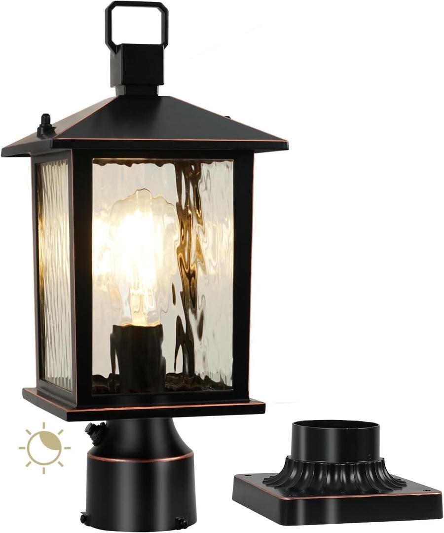 Dusk to Dawn Outdoor Post Light, Hardwired Oil-Rubbed Bronze Pole Lantern with Pier Mount Base, Water Ripple Glass, 17'' Waterproof Lamp Post Light Fixture for Driveway, Pathway, Yard