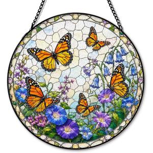 Butterfly Flower Suncatcher Stained Glass Window Hanging, Cottagecore Butterfly Wildflower Sun Catchers Indoor Window Glass Round Wall Decor, Floral Wall Art Hanging Decorations, 7.8x7.8in