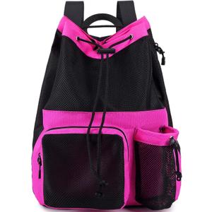 Lohol Large Mesh Drawstring Backpack with Shoe Bag, Durable Swimming String Sack with Handle for Sports Gym Yoga Beach Travel (Rose Pink)