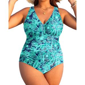Aqua Eve Women Plus Size One Piece Swimsuits V Neck Tummy Control Bathing Suits Retro Ruched Swimwear (16 Plus, Blue Paisley)