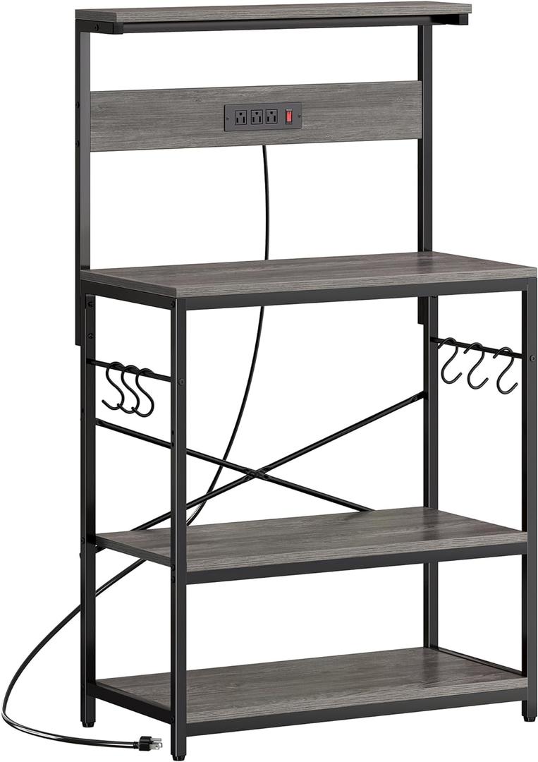 SUPERJARE Bakers Rack with Power Outlets, Microwave Stand, 31.5 X 16.5 Inch Larger Desktop, Kitchen Storage Rack with Adjustable Middle Shelf, 6 S-Shaped Hooks, Coffee Bar Stand, Grey (Charcoal Gray)