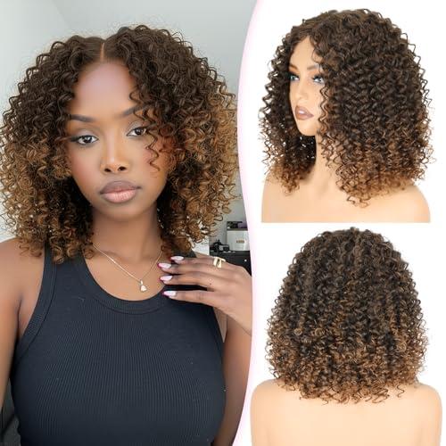 SISICLOUD Omber Light Brown Curly Wigs for Black Women 12 Inch Glueless Synthetic Lace Front Wig with Middle Part Pre Cut Lace Hairline for Daily Use