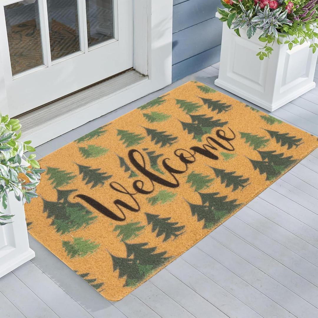 IZUS Green-Trees Christmas Welcome-Doormat for Spring-Winter Outdoor-Entrance-Decor Non-Slip Faux-Coir Frontdoor-Mats Porch Farmhouse Home Decor 17x29inch