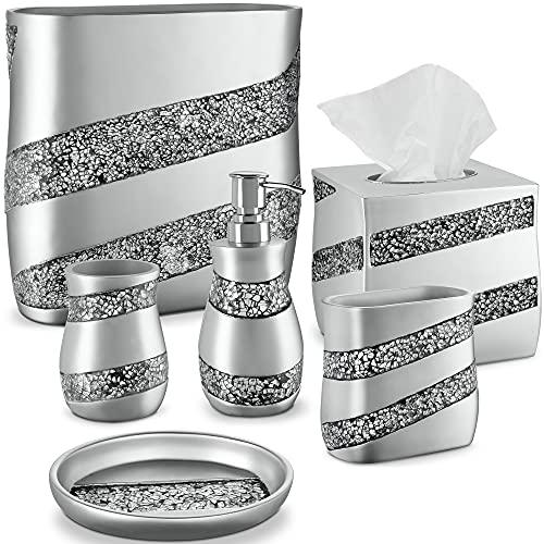 Creative Scents Silver Mosaic Bathroom Accessories Set Complete - 4 Piece Bathroom Set Includes: Bathroom Trash Can, Tissue Cover, Soap Dispenser, Toothbrush Holder, Tumbler & Soap Dish