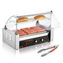 VEVOR Hot Dog Roller 7 Rollers 18 Hot Dogs Capacity 1050W Stainless Sausage Grill Cooker Machine with Dual Temp Control Glass Hood Acrylic Cover Bun Warmer Shelf Removable Oil Drip Tray, ETL Certified