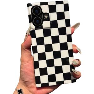 Checkered Strong Magnetic Case for iPhone 17 Compatible with MagSafe - Rectangular Bold Checker Checkerboard Pattern - Aesthetic Protective Plaid Phone Case Cover - Black White