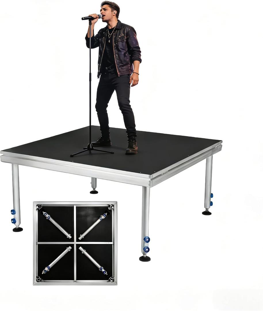 4'x4' Portable Stage, Folding Portable Stage Platform with Height Adjustable Riser (24" -42"), Stage Platform Up to 1900LBS for Performances at School Auditoriums Concerts Restaurants Bars Stage Riser