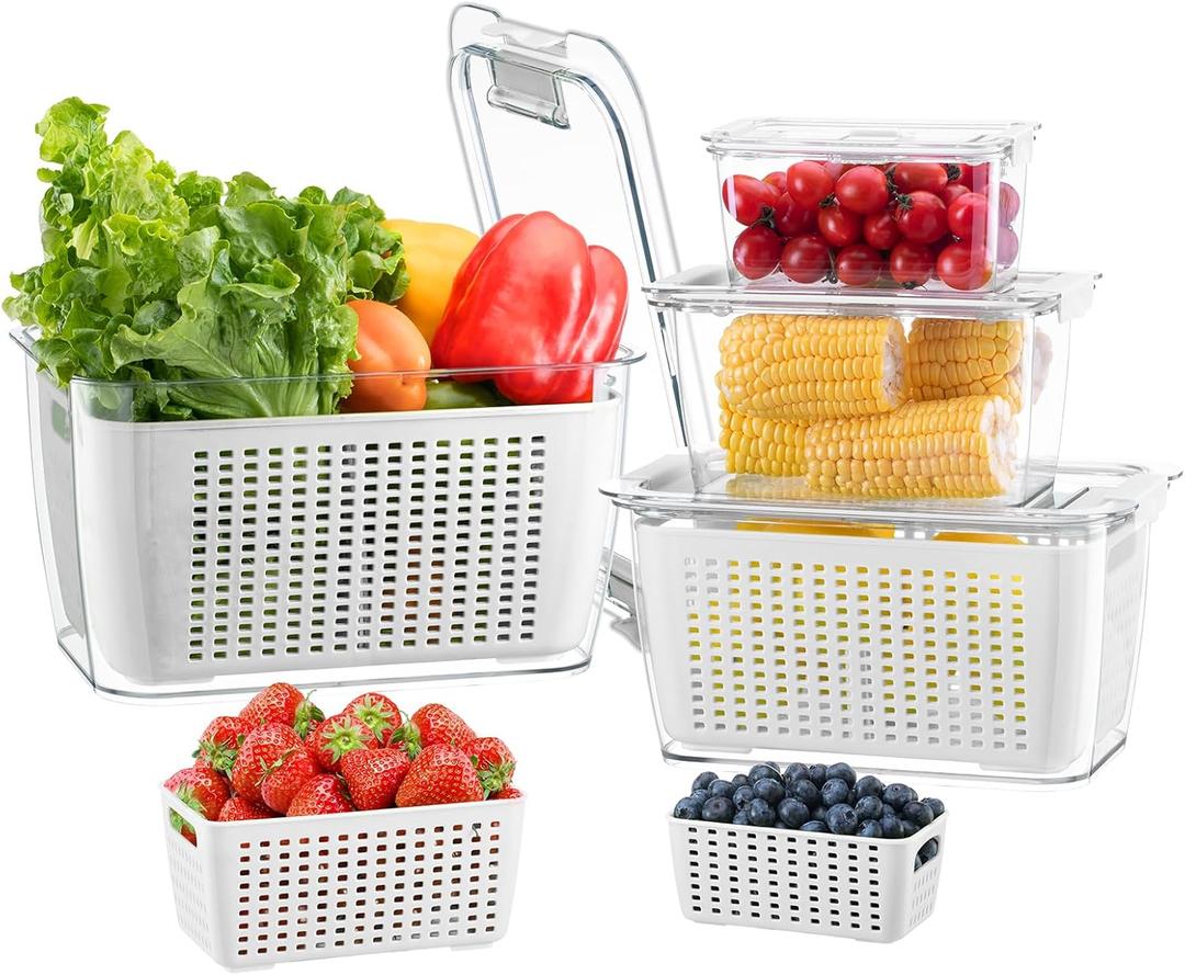 LUXEAR 4 Pack Fruit Vegetable Containers for Fridge, Produce Saver Container with Lids &Removable Colander BPA-free Refrigerator Storage Organizer for Fruit Vegetable, Berry, Meat keep Fresh Longer
